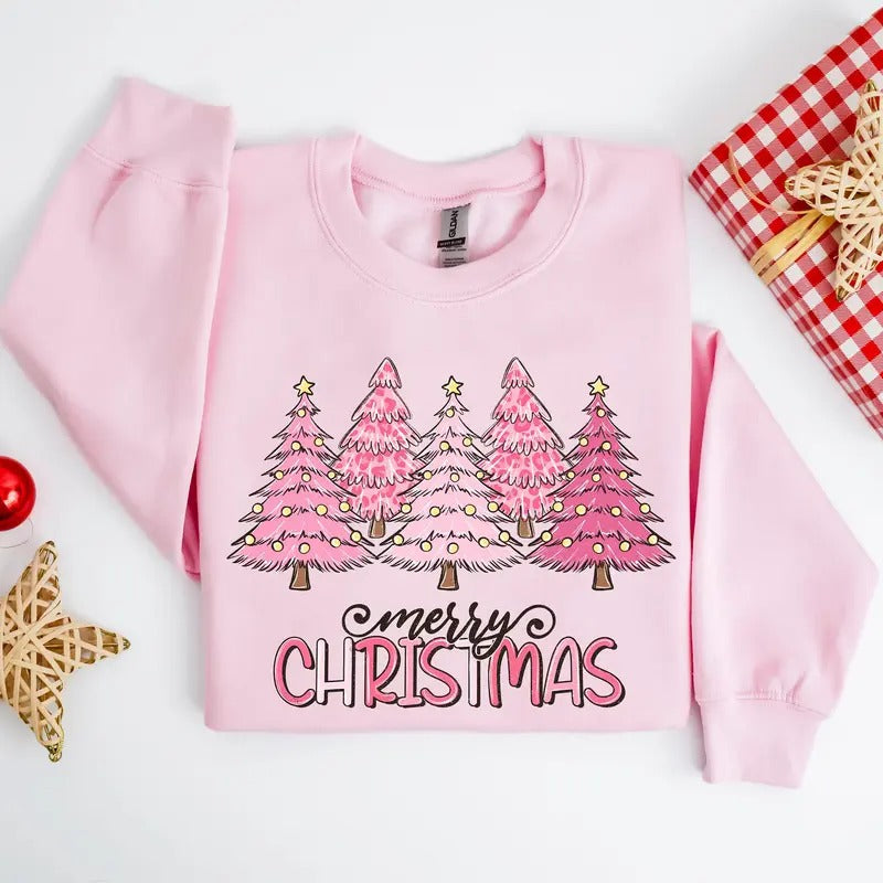 Pink Tree Christmas Sweater, Christmas Crewneck, Tree Sweatshirt, Holiday Sweaters for Women T-Shirts, Hoodie