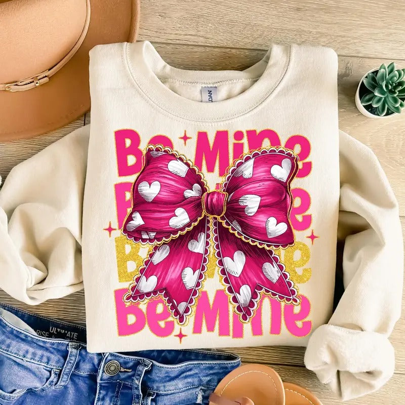 Pink Valentine Coquette Heart Tshirt Sweatshirt, Be Mine Sweatshirt, Valentine's Day Coquette Shirt, Unisex Sweater...