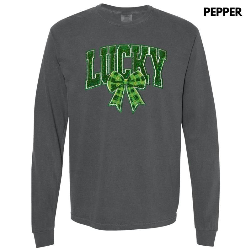 Plaid Lucky Bow Sequin Patch Long Sleeve Comfort Colors T-Shirt Hoodie, Sweatshirt | RetroVerseTees.com