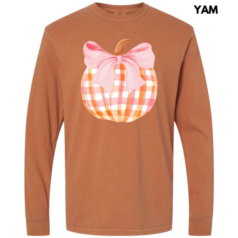 Plaid Pumpkin Coquette Long Sleeve Comfort Colors T-Shirt 'NLB' Hoodie, Sweatshirt | RetroVerseTees.com
