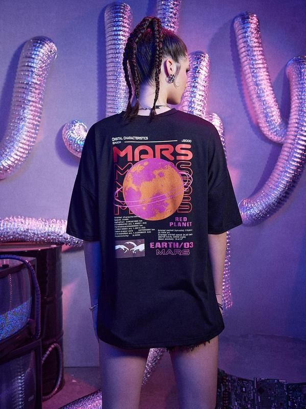 Planet & Letter Print Short Sleeve Drop Shoulder Tee, Graphic Tees, Black Graphic Summer T-shirt, Causal Loose Tops for...