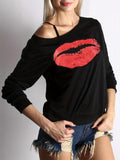 Plus Lip Print Drop Shoulder Asymmetrical Neck Sweatshirt, Fashion Casual Graphic Long Sleeve Pullover For Daily Holiday...