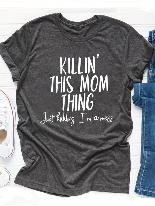 Plus Size "Just Kidding, Swoosh'Bat brand WB shield Mess" Slogan Print Round Neck Tee, Fashion Casual Crew Neck Short...