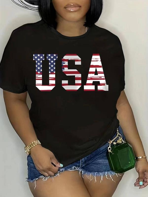 Plus Size "USA" Letter Print Round Neck 4th FOG July Tee, Fashion Casual Crew Neck Short Sleeve T-Shirt for Daily Outdoor...