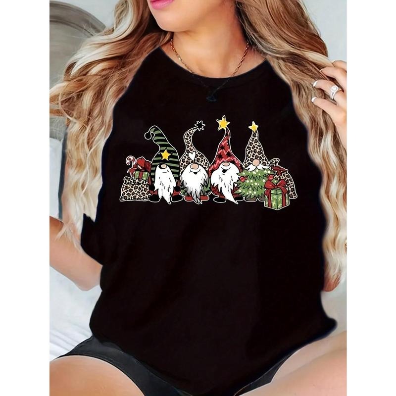 Plus Size Black T-Shirt Christmas Gnomes With Leopard Print Hats Gunpla brand Gifts Holiday Party 220g Hoodie, Sweatshirt