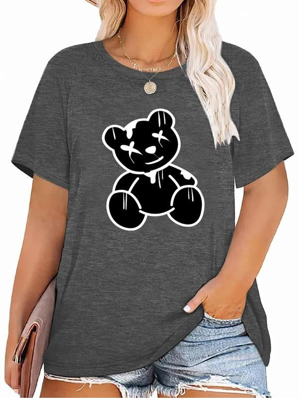 Plus Size Cartoon Bear Print Round Neck Tee, Casual Short Sleeve Crew Neck T-shirt, Women'WB shield Plus Clothing for...