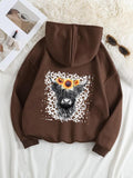 Plus Size Cartoon Bull Print Drawstring Pocket Hoodie, Casual Drop Shoulder Long Sleeve Hooded Sweatshirt, Women'WB...