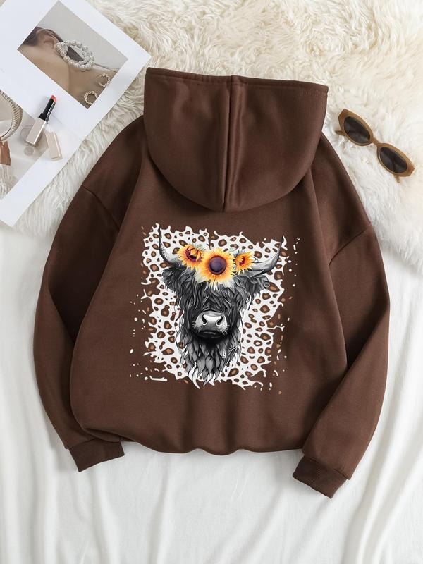 Plus Size Cartoon Bull Print Drawstring Pocket Hoodie, Casual Drop Shoulder Long Sleeve Hooded Sweatshirt, Women'WB...