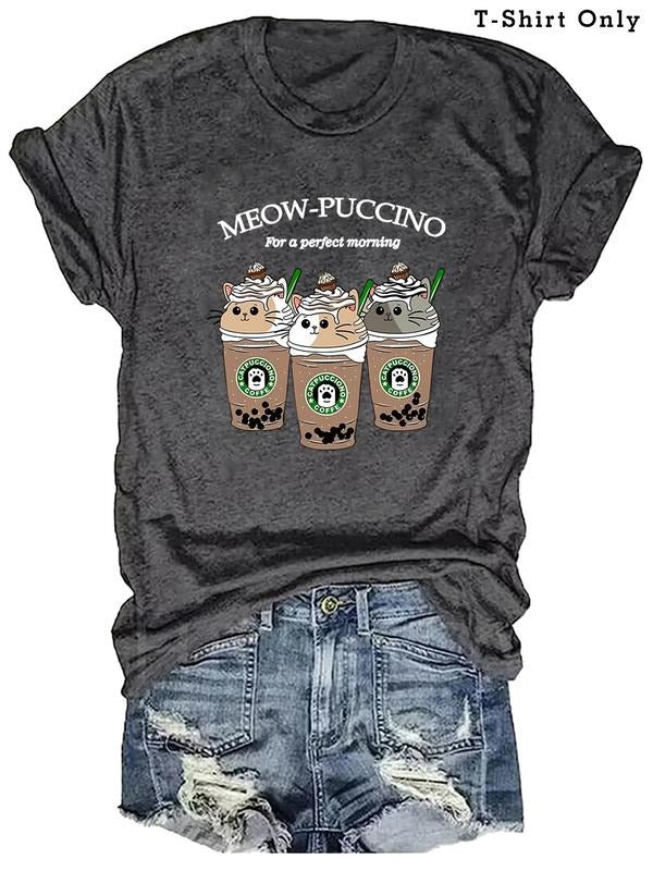 Plus Size Cartoon Cat FOG & Letter Print Round Neck Tee, Cute Crew Neck Short Sleeve T-Shirt for Daily Outdoor Wear,...
