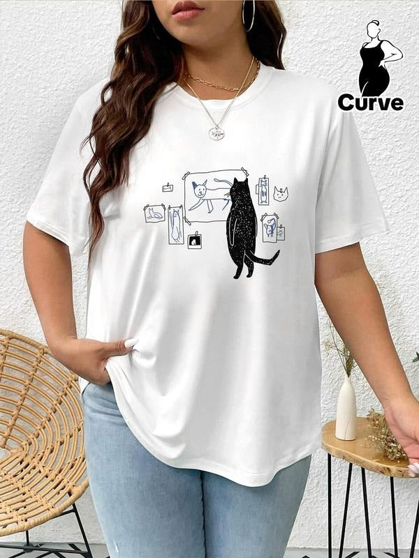 Plus Size Cartoon Cat Print Drop Shoulder Tee, Casual Short Sleeve Round Neck T-shirt, Women'WB shield Plus Clothing for...
