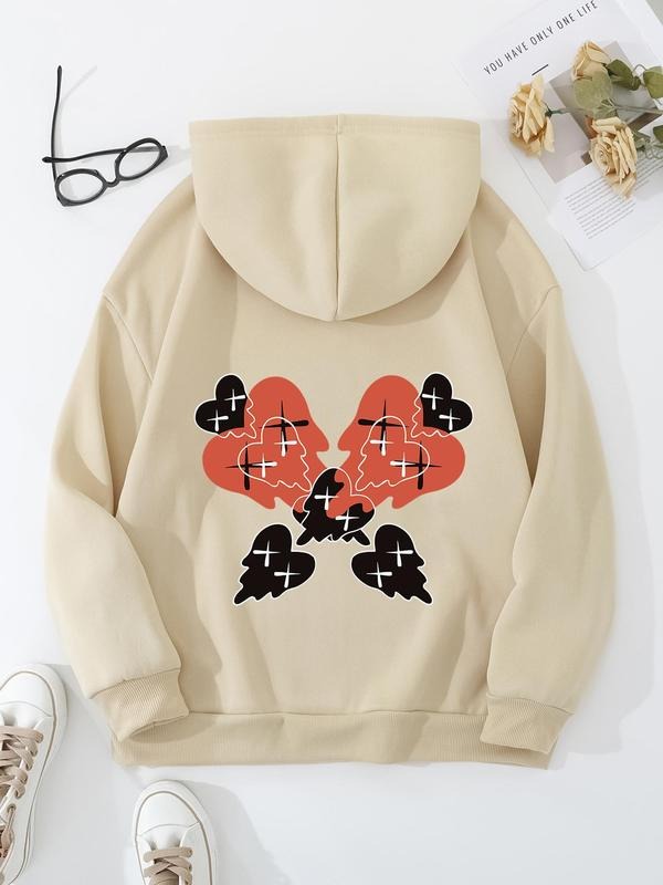 Plus Size Cartoon Print Drawstring Pocket Drop Shoulder Hoodie, Fashion Casual Hooded Long Sleeve Pullover for Daily...
