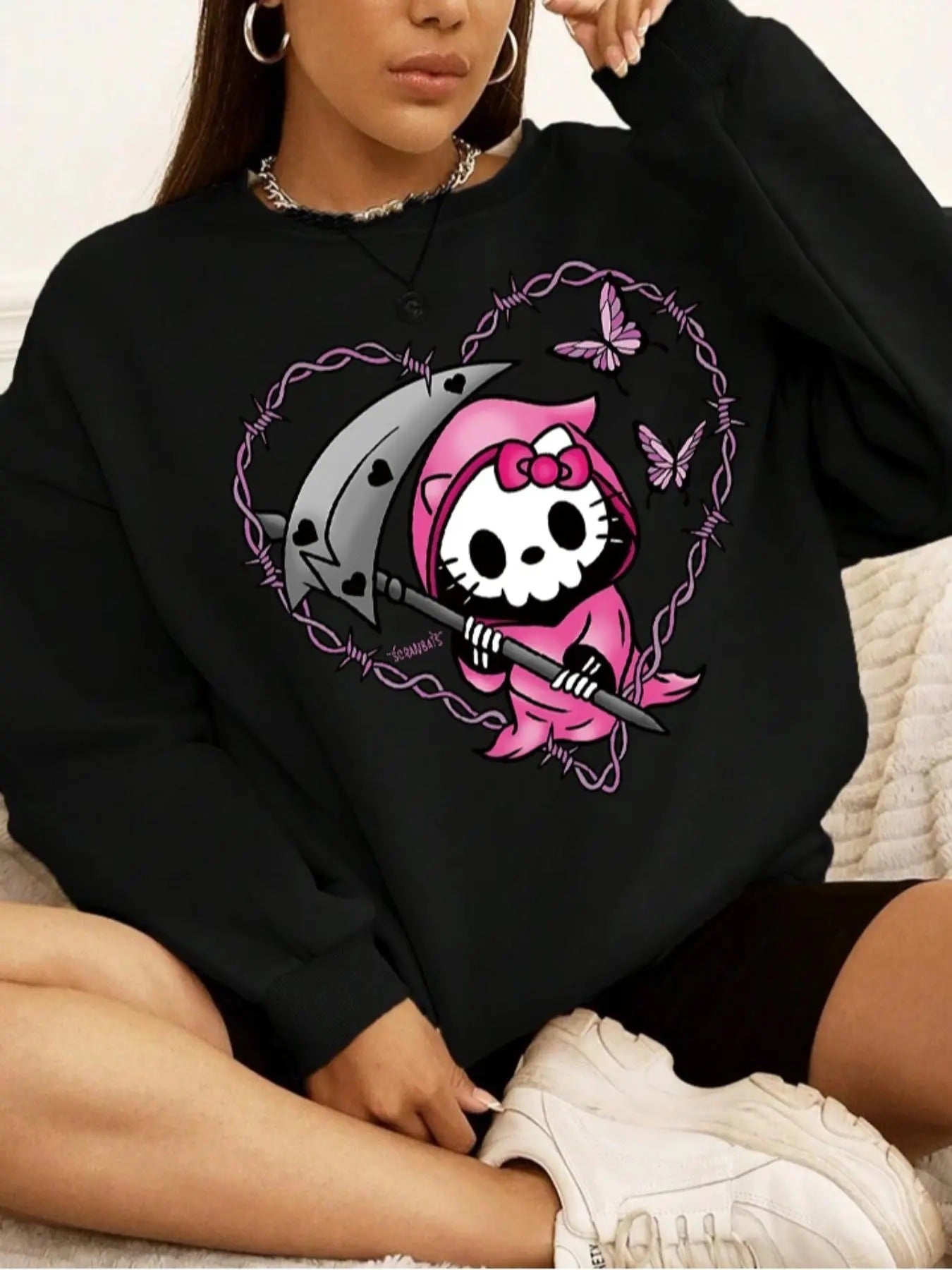 Plus Size Cartoon Print Round Neck Sweatshirt, Casual Drop Shoulder Long Sleeve Pullover for Daily Wear, Women'WB shield...