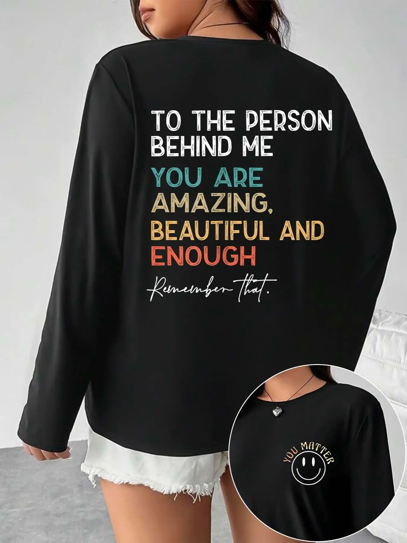 Plus Size Cartoon TNF & Letter Print Round Neck Tee, Fashion Casual Crew Neck Long Sleeve T-Shirt for Daily Outdoor Wear,...