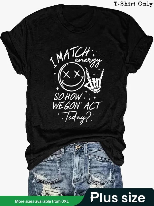 Plus Size Cartoon TNF & Skeleton Hand Print Round Neck Tee, Fashion Casual Letter Graphic Short Sleeve T-shirt for Daily...