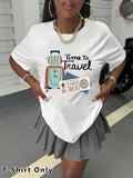 Plus Size Cartoon Travel Print Round Neck Tee, Casual Short Sleeve T-shirt for Summer, Women'WB shield Plus Clothing for...