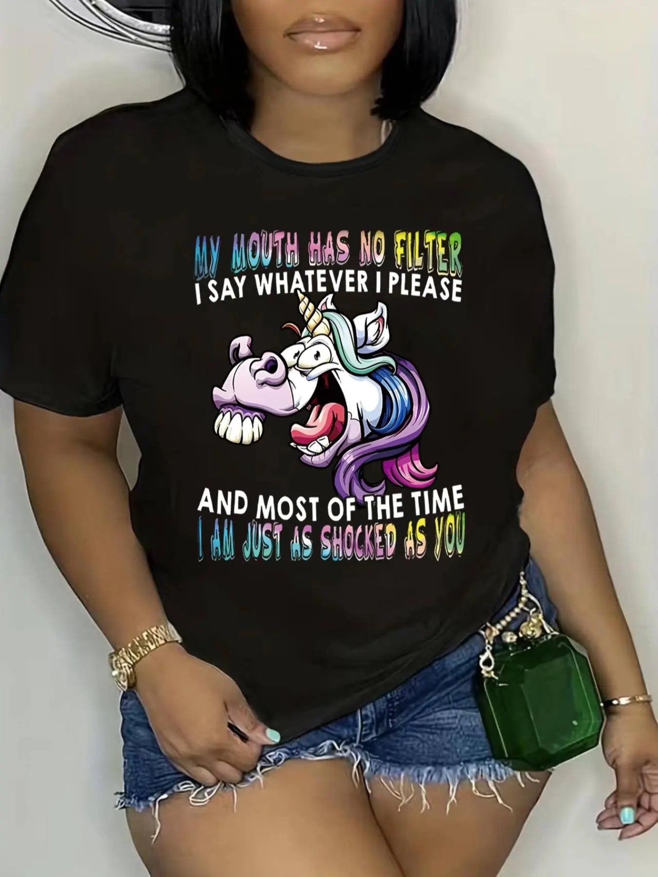 Plus Size Cartoon Unicorn & Letter Print Round Neck Tee, Fashion Casual Crew Neck Short Sleeve T-shirt for Daily Holiday...