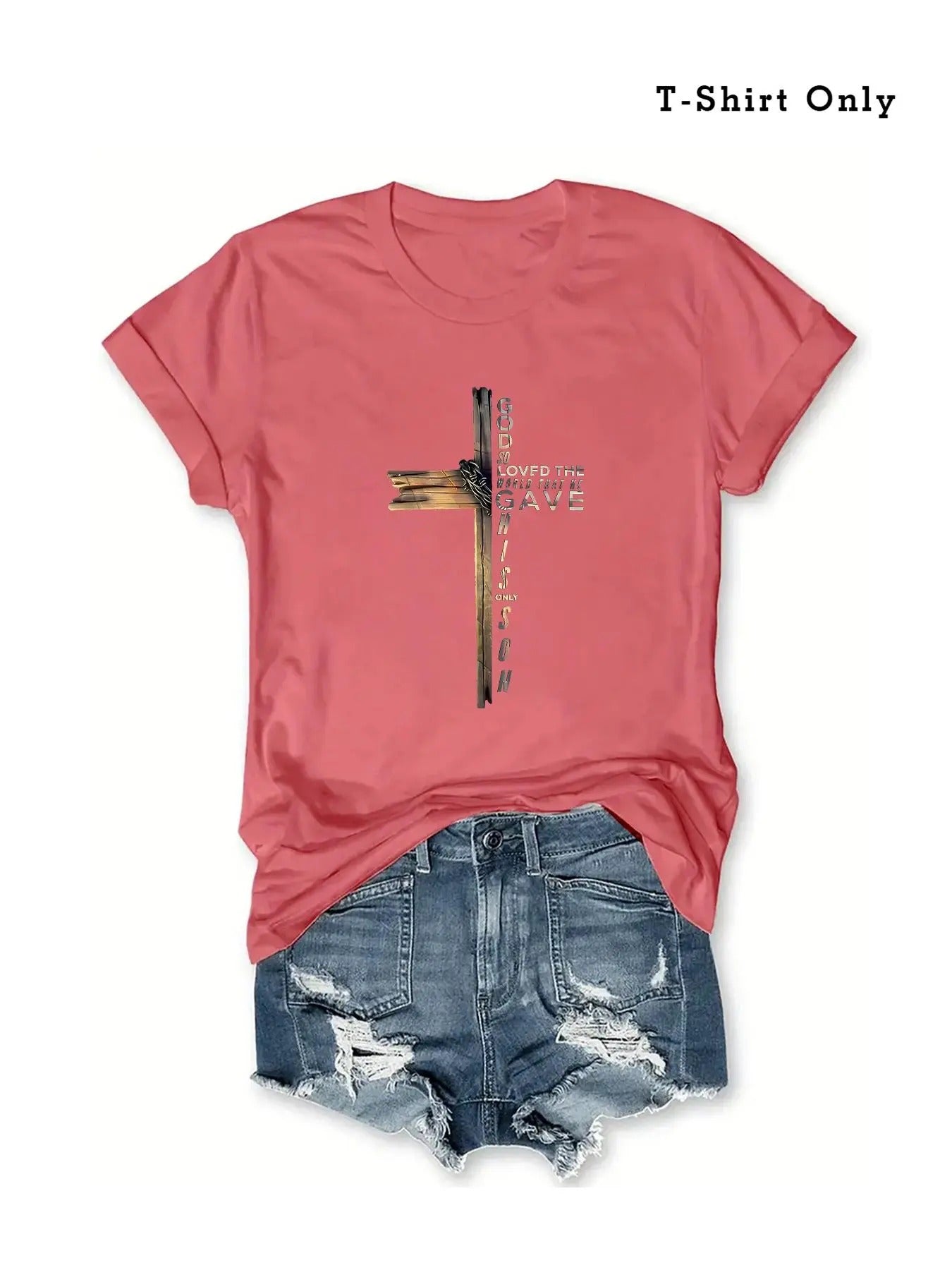 Plus Size Cross & Letter Print Short Sleeve Tee, Casual Round Neck T-Shirt for Summer, Women'WB shield Plus Clothing for...