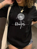 Plus Size Dandelion Print Round Neck Tee, Casual Letter Print Short Sleeve T-shirt, Women'WB shield Plus Clothing for...