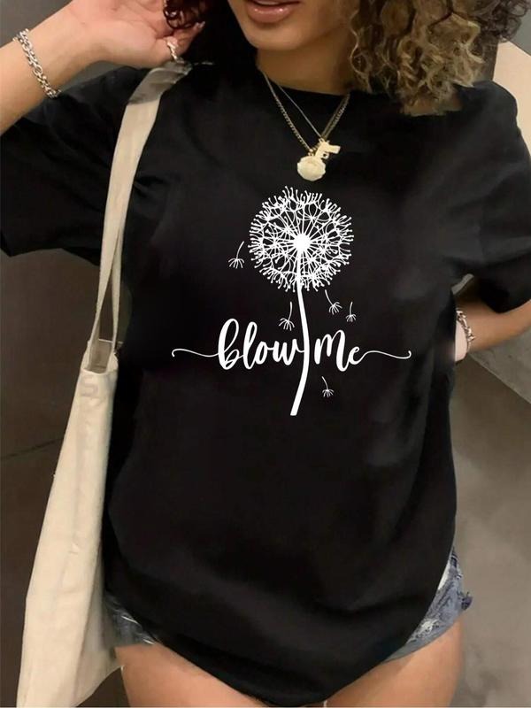 Plus Size Dandelion Print Round Neck Tee, Casual Letter Print Short Sleeve T-shirt, Women'WB shield Plus Clothing for...