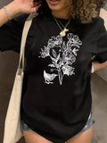 Plus Size Floral & Bird Print Round Neck Tee, Casual Short Sleeve Graphic T-shirt, Women'WB shield Summer TNF for Daily...