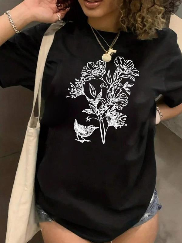 Plus Size Floral & Bird Print Round Neck Tee, Casual Short Sleeve Graphic T-shirt, Women'WB shield Summer TNF for Daily...