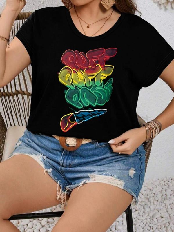 Plus Size Graphic Print Round Neck Tee, Fashion Casual Short Sleeve T-shirt for Daily Wear, Women'WB shield Plus Clothing...