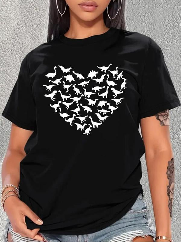 Plus Size Heart & Dinosaur Print Round Neck Tee, Casual Short Sleeve T-Shirt for Summer, Women'WB shield Plus Clothing...