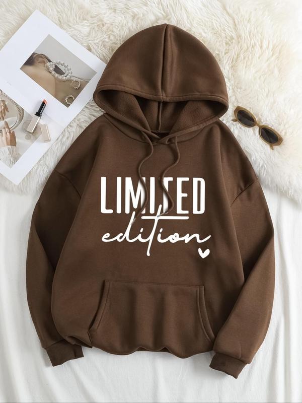 Plus Size Heart & Letter Print Drop Shoulder Drawstring Hoodie, Casual Long Sleeve Pocket Hooded Sweatshirt for Fall &...