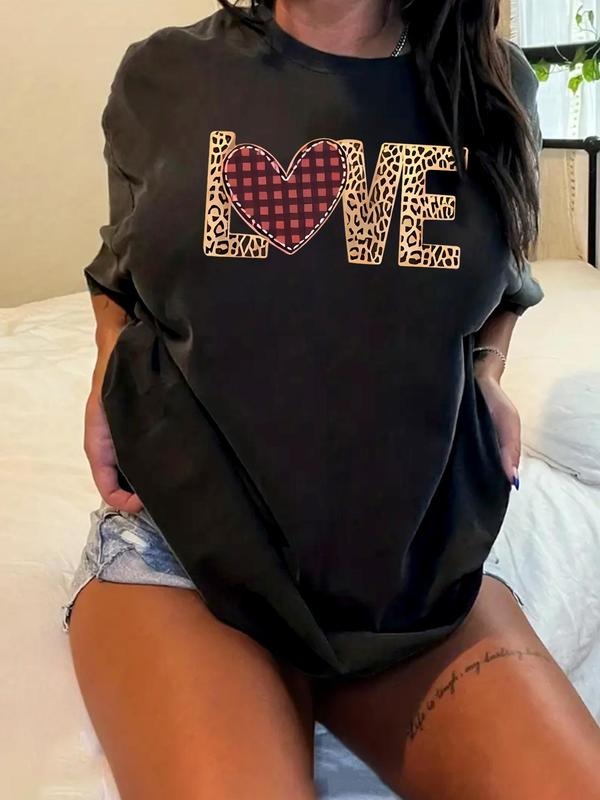 Plus Size Heart & Letter Print Drop Shoulder Tee, Casual Half Sleeve Round Neck T-shirt for Summer, Women'WB shield Plus...