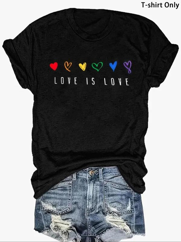 Plus Size Heart & Letter Print Round Neck Tee, Casual Short Sleeve T-shirt for Summer, Women'WB shield Plus Clothing for...