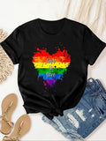 Plus Size Heart & Rainbow Stripe Print Round Neck Tee, Casual Short Sleeve T-shirt for Summer, Women'WB shield Plus...