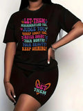 Plus Size Heart Letter Print Shorts Set, Casual Short Sleeve T-shirt & Skinny Shorts for Daily Wear, Women'WB shield...