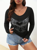 Plus Size Heart Wing Print Superhero team Neck Tee, Long Sleeve Graphic T-shirt for Spring & Fall, Women'WB shield Plus...