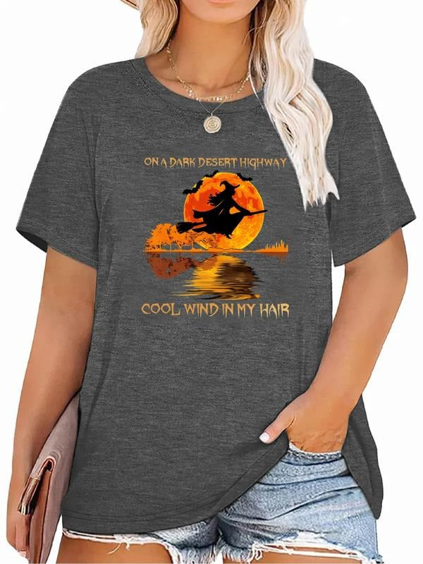Plus Size Landscape & Figure Print Round Neck Tee, Casual Letter Graphic Short Sleeve T-shirt, Women'WB shield Plus...
