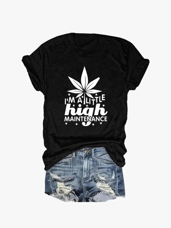 Plus Size Leaf & Letter Print Round Neck Tee, Casual Short Sleeve Graphic T-shirt, Women'WB shield Summer TNF for Daily...
