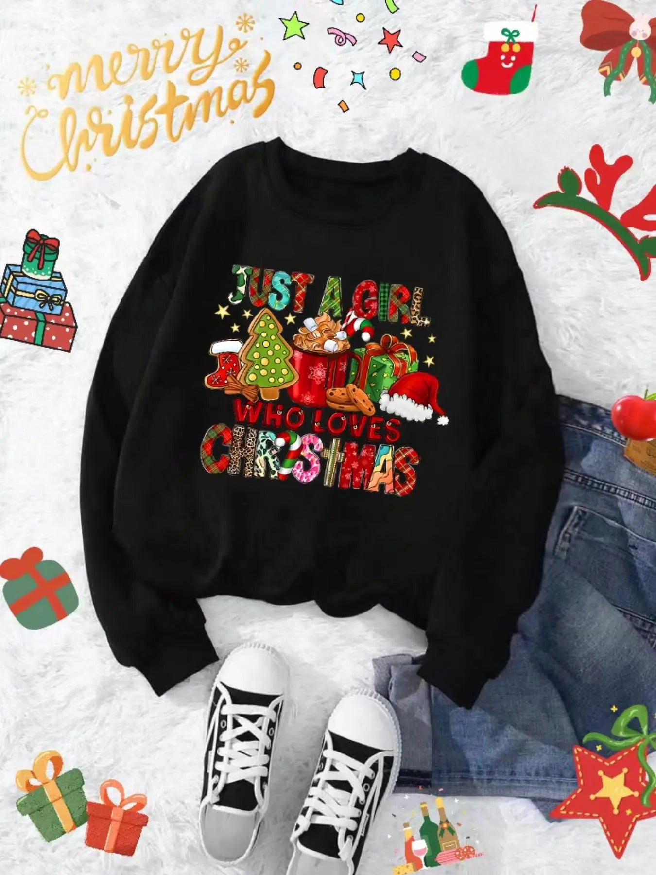 Plus Size Letter & Gift Print Drop Shoulder Sweatshirt, Casual Long Sleeve Round Neck Pullover for Daily Wear, Women'WB...