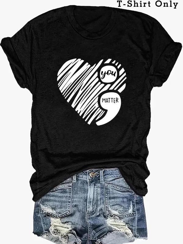 Plus Size Letter & Heart Print Round Neck Tee, Casual Short Sleeve Graphic T-shirt, Women'WB shield Summer TNF for Daily...