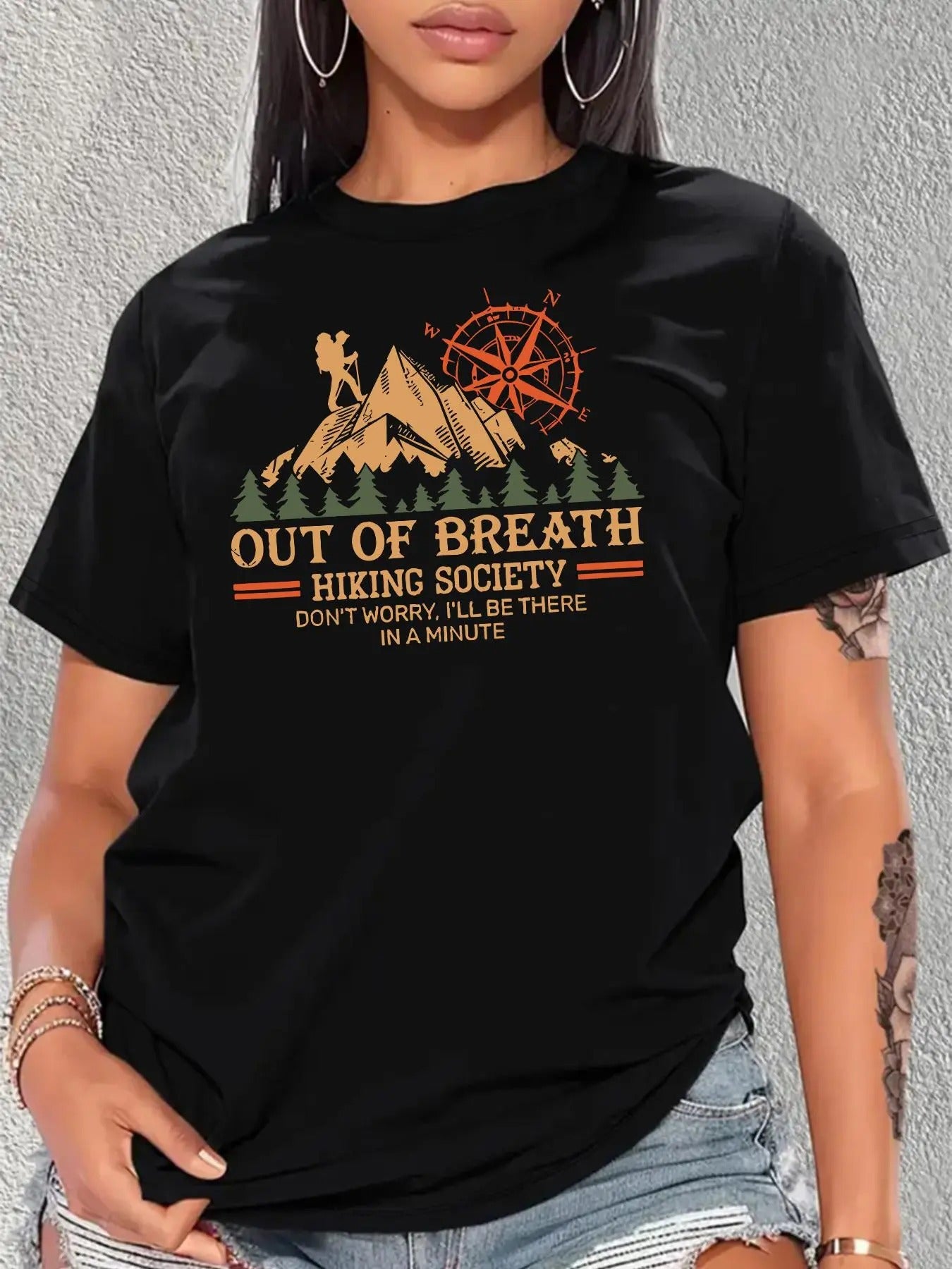 Plus Size Letter & Mountain Print Round Neck Tee, Casual Short Sleeve T-shirt for Summer, Women'WB shield Plus Clothing...