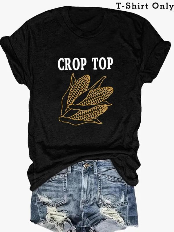 Plus Size Letter Corn Graphic Round Neck Tee, Casual Short Sleeve T-shirt for Summer, Women'WB shield Plus Clothing for...