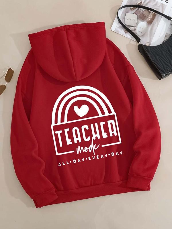 Plus Size Letter Graphic Print Drawstring Pocket Hoodie, Casual Drop Shoulder Long Sleeve Hooded Sweatshirt, Women'WB...