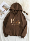 Plus Size Letter Graphic Print Drop Shoulder Drawstring Hoodie, Casual Long Sleeve Pocket Hooded Sweatshirt for Fall &...