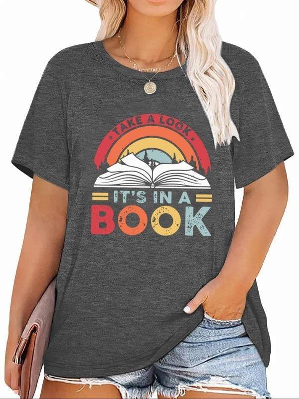 Plus Size Letter Graphic Round Neck Tee, Casual Rainbow & Book Print Short Sleeve T-Shirt for Summer, Women'WB shield...