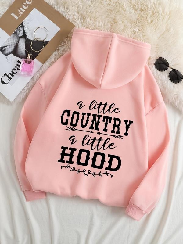 Plus Size Letter Print Drawstring Pocket Hoodie, Casual Drop Shoulder Long Sleeve Hooded Sweatshirt, Women'WB shield Fall...
