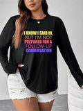 Plus Size Letter Print Round Neck Tee, Casual Long Sleeve Crew Neck T-Shirt for Fall & Winter, Women'WB shield Plus...