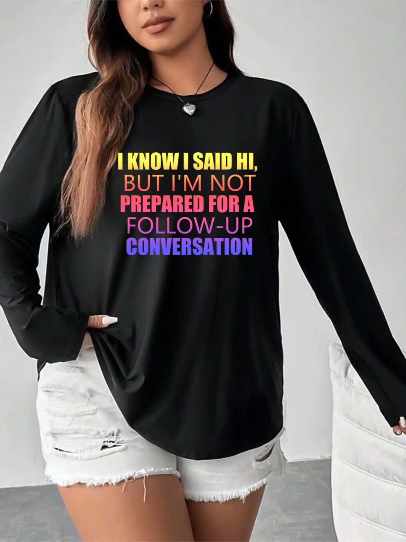 Plus Size Letter Print Round Neck Tee, Casual Long Sleeve Crew Neck T-Shirt for Fall & Winter, Women'WB shield Plus...