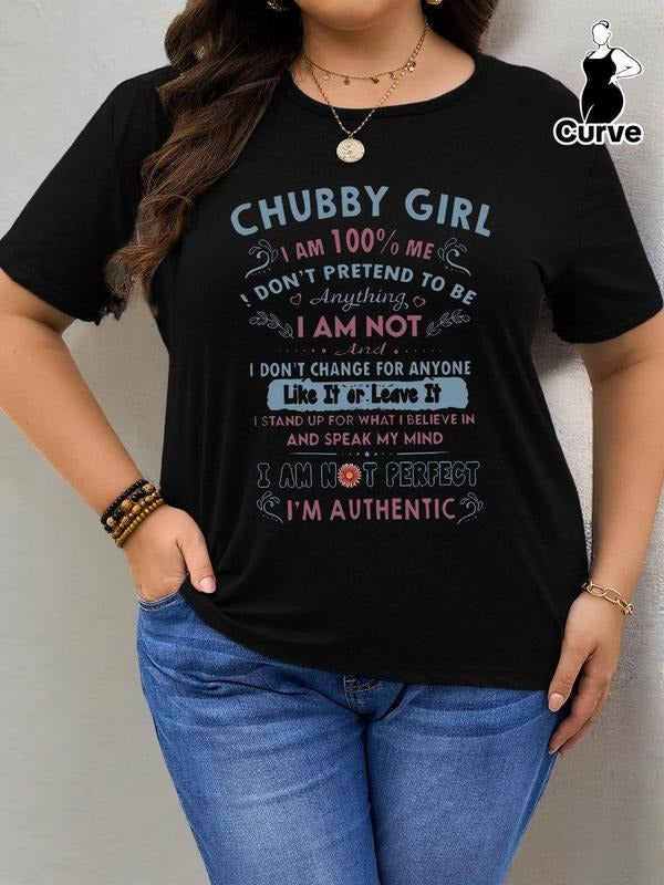 Plus Size Letter Print Round Neck Tee, Fashion Casual Crew Neck Short Sleeve Lightsaber brand-shirt for Daily Outdoor...