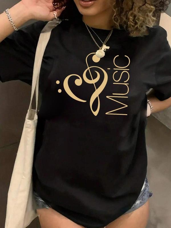Plus Size Music Note & Letter Print Drop Shoulder Tee, Casual Half Sleeve Round Neck T-shirt for Summer, Women'WB shield...