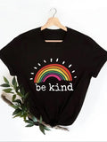 Plus Size Rainbow & "be kind" Slogan Print Tee, Casual Round Neck Short Sleeve T-shirt for Summer, Women'WB shield Plus...