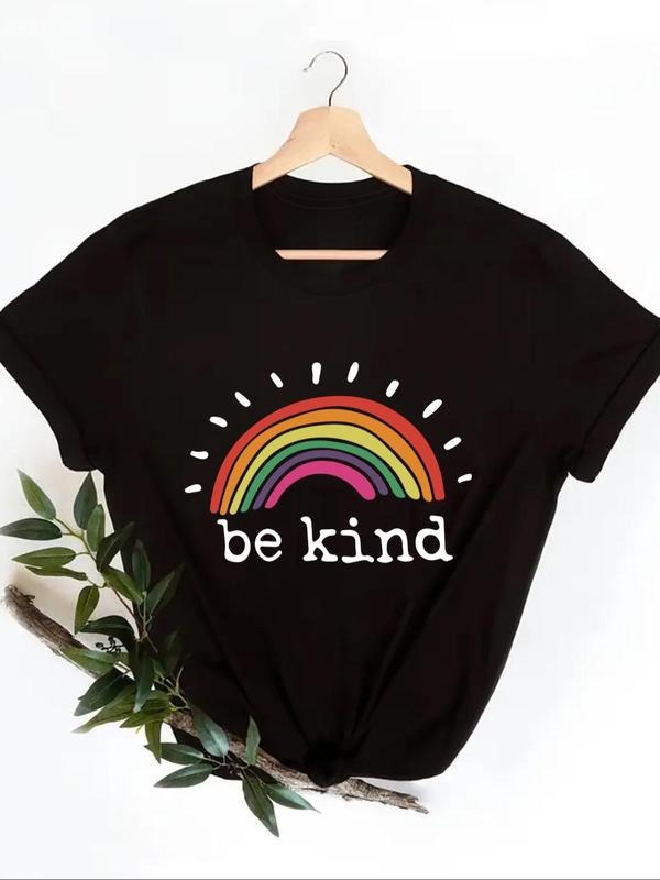 Plus Size Rainbow & "be kind" Slogan Print Tee, Casual Round Neck Short Sleeve T-shirt for Summer, Women'WB shield Plus...
