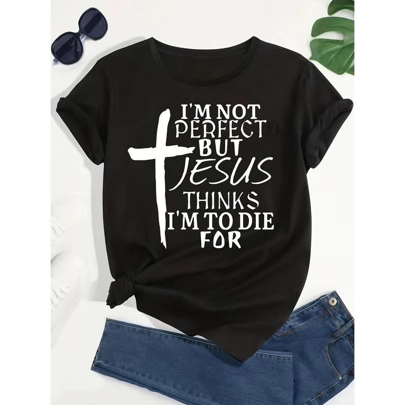 Plus Size Short Sleeve Cross & Letter Print T-Shirt, Casual Top for Spring & Summer Women'WB shield Clothing Hoodie,...